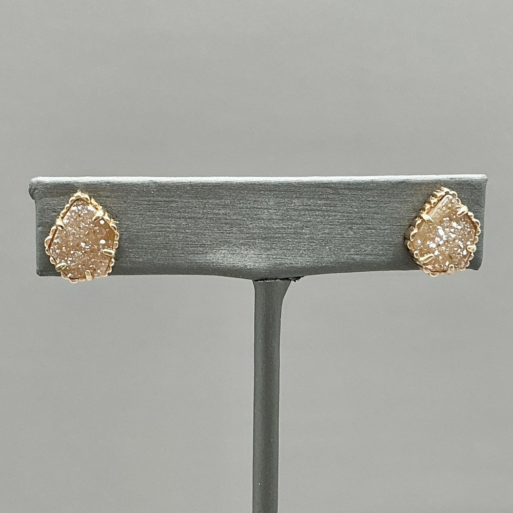 Kendra Scott Earrings Stud Champagne Drusy Quartz Gold Tone Asymmetrical Womens
